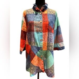 Terra Colorful Patchwork Button Front Tunic Shirt Ruffle Collar Pocket Large